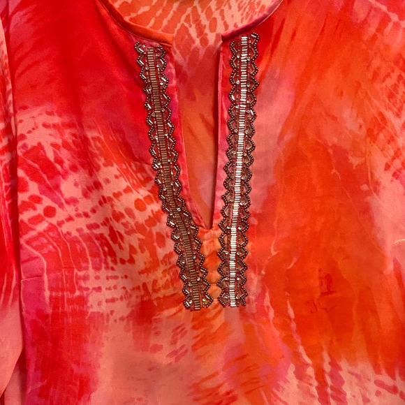 Chicos Sheer Tunic Top Coral‎ Pink Shirt Cover Up Beaded V Neck Long Sleeve 12 - Picture 3 of 10